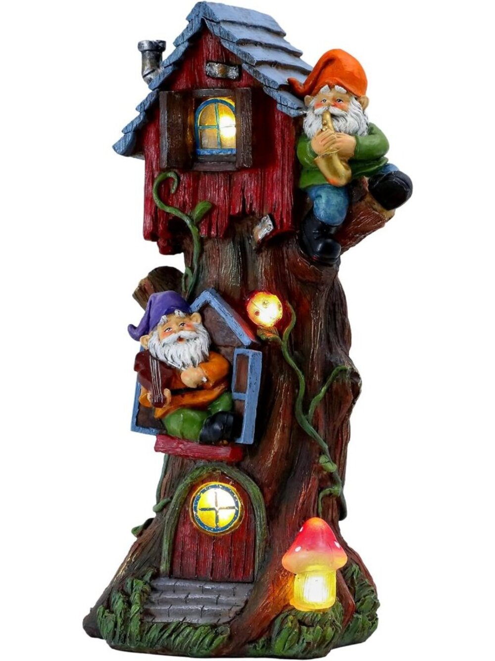 11" Tall Solar Gnome Treehouse Garden Statue - Outdoor Resin Decor for Lawn